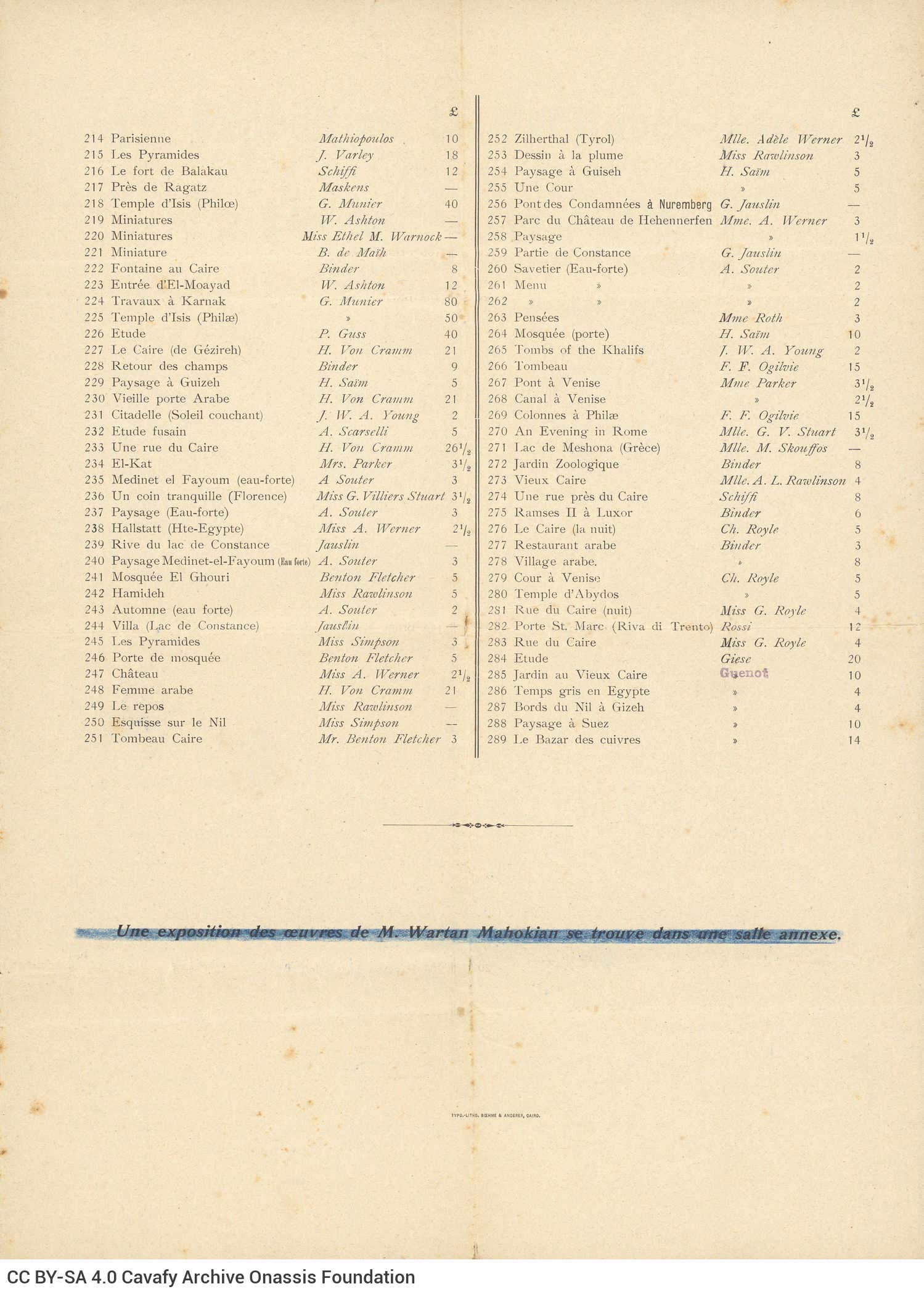 Four-page catalogue of the 14th Painting Exhibition in the hall of the Cercle Artistique. The last page is blank. Twelve w