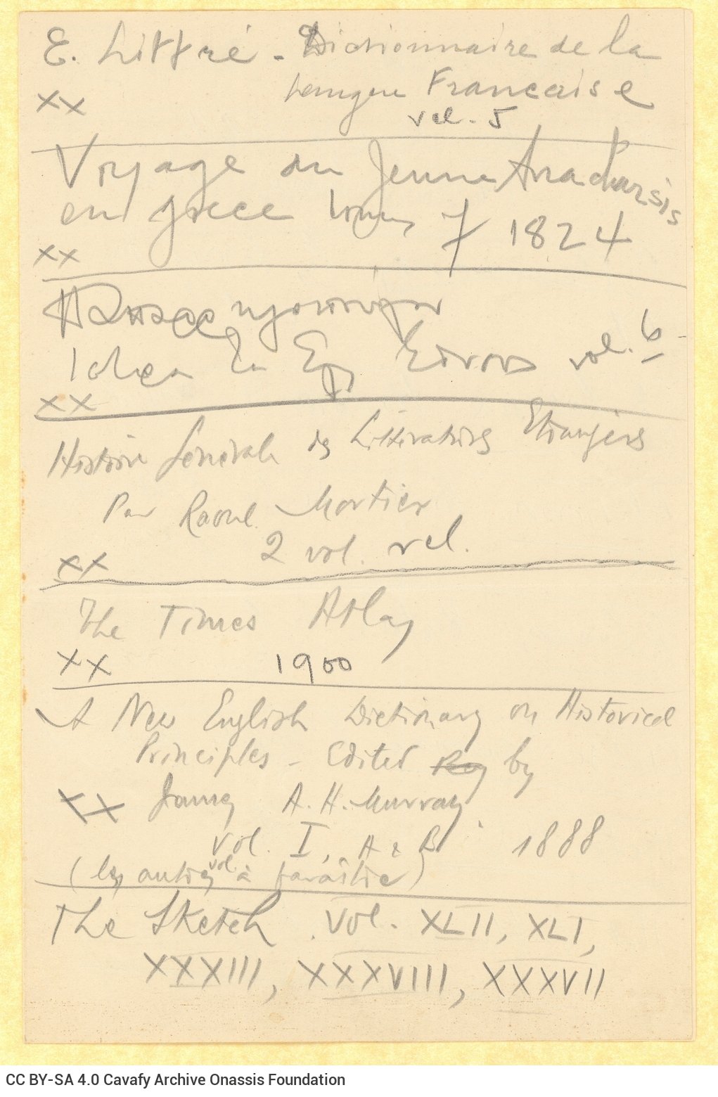 Handwritten list of mostly foreign publications in the first three pages of a double sheet notepaper; it is probably written 