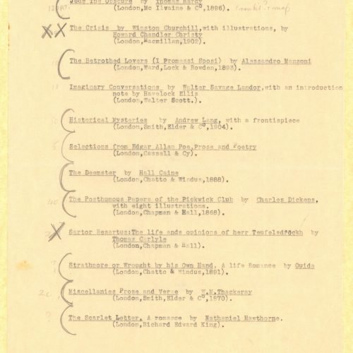 Typewritten list of books on the recto of twelve sheets, in two copies. Sheets 2 to 12 are numbered at top left. Blank versos