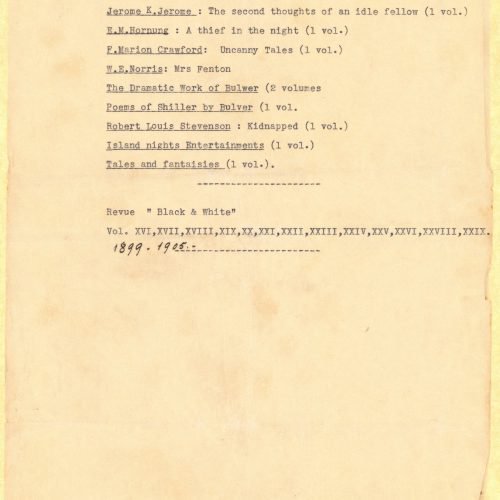 Typewritten list of books on the recto of twelve sheets, in two copies. Sheets 2 to 12 are numbered at top left. Blank versos