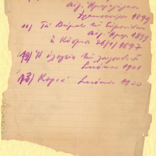 Handwritten list of thirteen poems by Cavafy, with reference to the printed media in which they were published. They are t