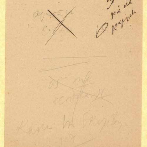Handwritten notes by Cavafy on one side of a small piece of paper and on the one side of a paper folded in a bifolio. The 