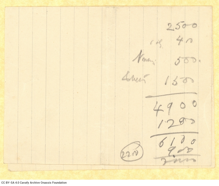 Χειρόγραφο σημείωμα του Καβάφη, με προσωπικό περιεχόμενο, στη μία �