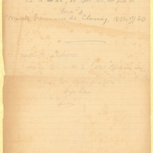 Handwritten linguistic notes by Cavafy on both sides of two ruled sheets. Abbreviations; references to pages of an antholo