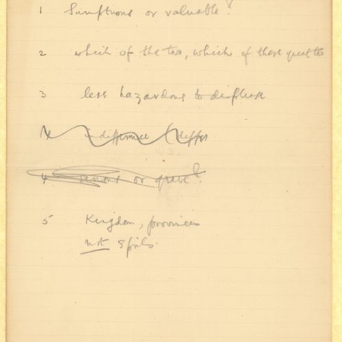 Handwritten notes by Cavafy on the first page of a ruled double sheet notepaper. The second and third pages are blank. The
