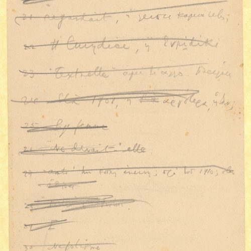Handwritten notes by Cavafy on all sides of sheets. The notes are numbered 1 to 82 and have been crossed out. Reference to