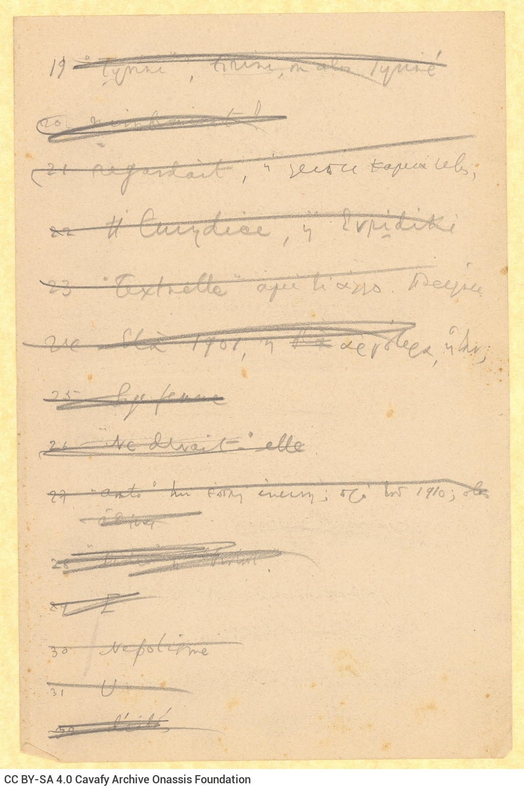 Χειρόγραφες σημειώσεις του Καβάφη σε όλες τις όψεις τεσσάρων φύλλ�