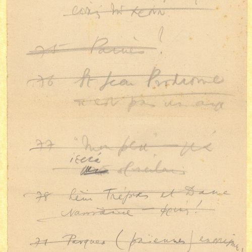 Handwritten notes by Cavafy on all sides of sheets. The notes are numbered 1 to 82 and have been crossed out. Reference to