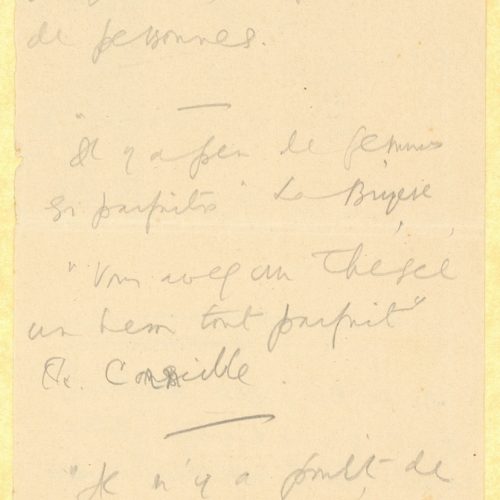 Handwritten notes on all sides of two pieces of paper. Short quotes on the use of the word "parfait" in French and of the 