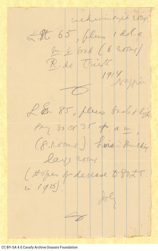Χειρόγραφες σημειώσεις του Καβάφη σε τρία κομμάτια χαρτιού σχετικέ�
