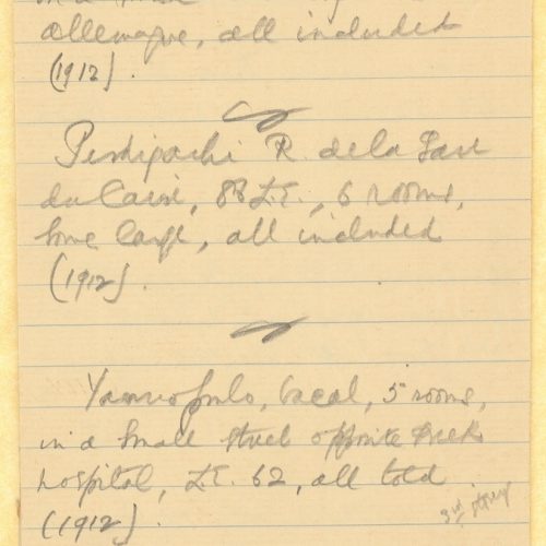 Handwritten notes by Cavafy on a homemade notepad of a cut and folded double sheet notepaper. Short description of flats (