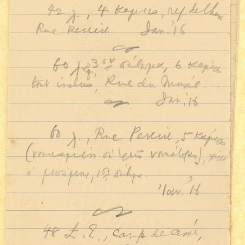 Handwritten notes by Cavafy on a homemade notepad of a cut and folded double sheet notepaper. Short description of flats (