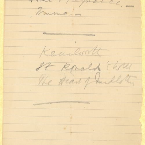 Handwritten notes by Cavafy on one side of a ruled paper. Reference to the titles of two works by Jane Austen, *Pride and 