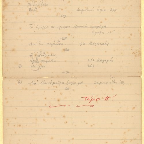Χειρόγραφες σημειώσεις του Καβάφη σε τρία φύλλα και στο verso έντυπης �