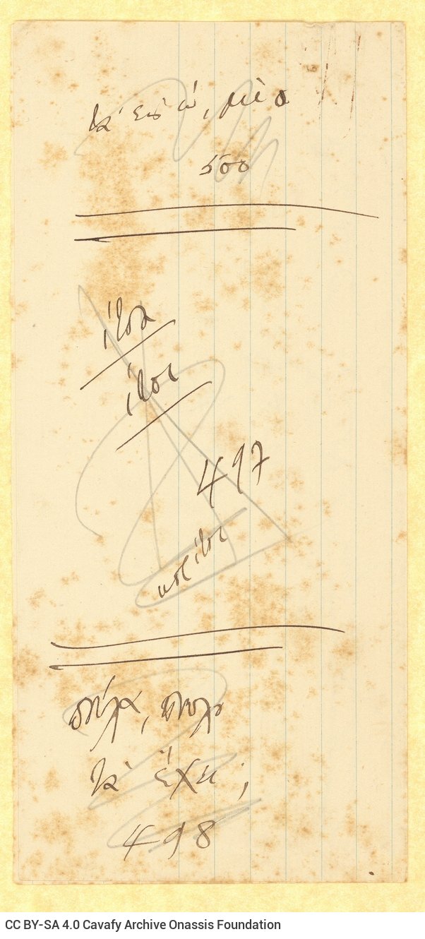 Χειρόγραφες σημειώσεις του Καβάφη σε δύο κομμάτια χαρτιού και σε μ