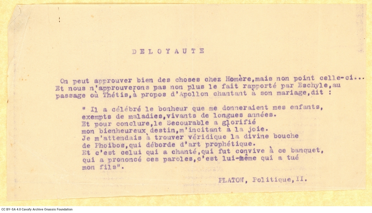 Typewritten note that includes a quote in French from Plato's *Statesman*. The quote serves as an epigram for the poem "Betra