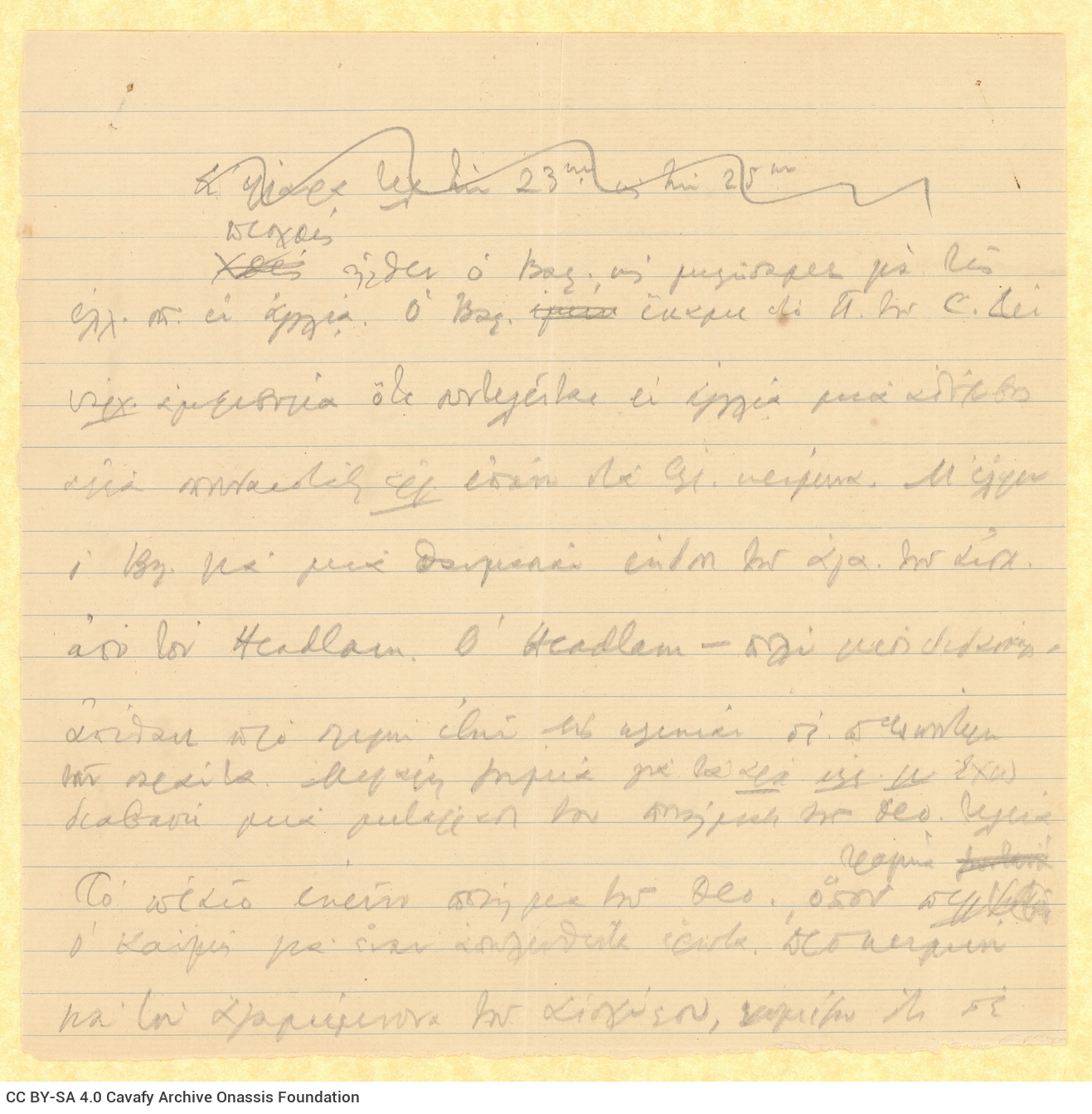 Draft letter by Cavafy to Alekos [Singopoulo] on one side of a piece of paper and on both sides of a ruled sheet. Reference t