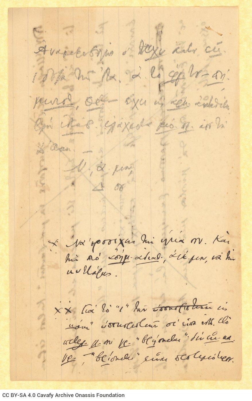 Handwritten draft letter by Cavafy to Alekos [Singopoulo] on two sheets and on one small piece of paper. Abbreviations and ca