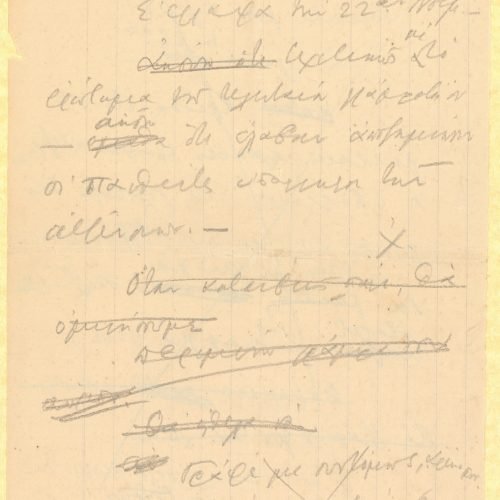 Three handwritten draft letters by Cavafy to Alekos [Singopoulo] on two sheets. Cancellations. The poet wants to know whether