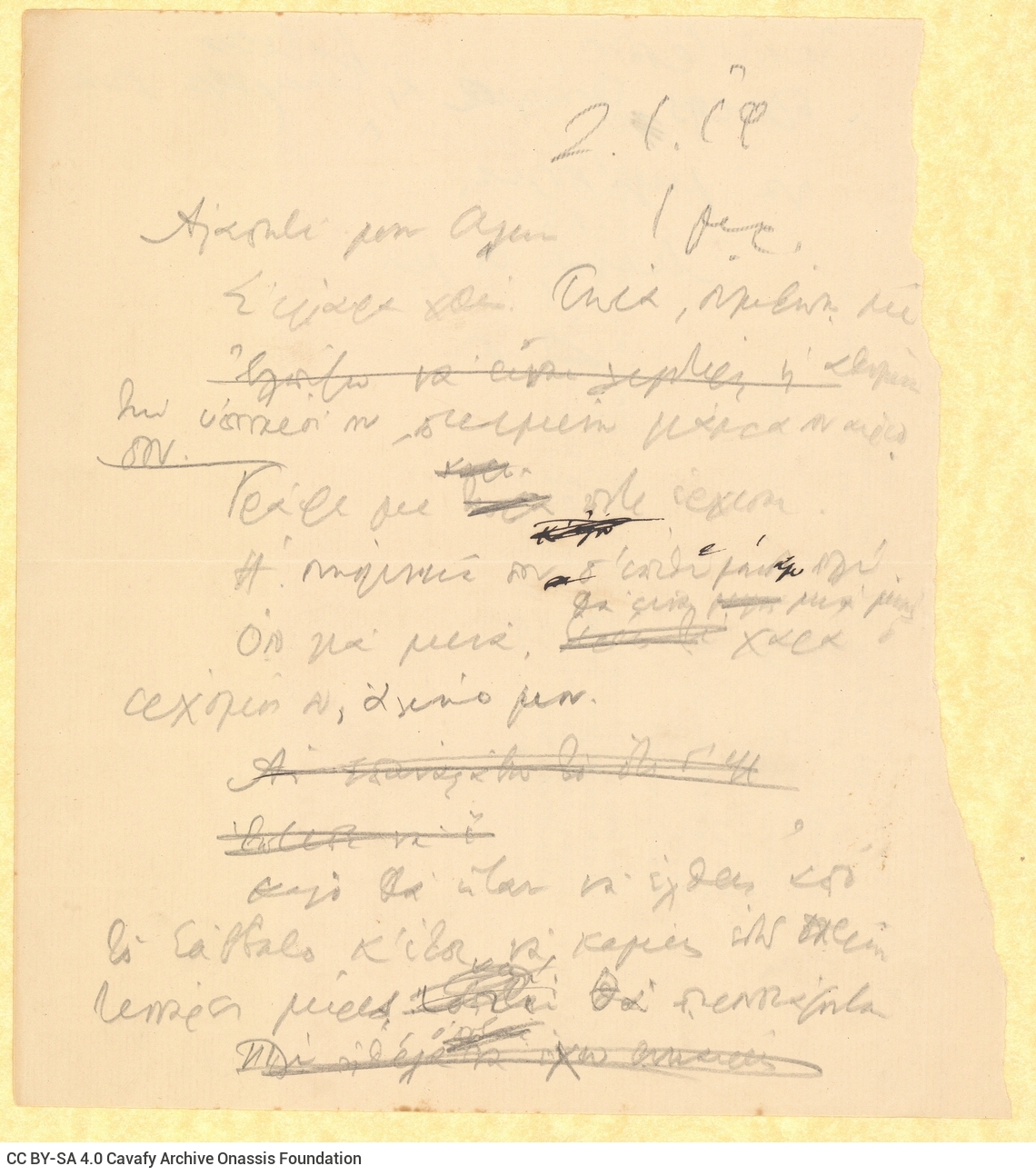 Handwritten draft letter by Cavafy to Alekos [Singopoulo] on both sides of a cut piece of paper, one of which bears fragment 
