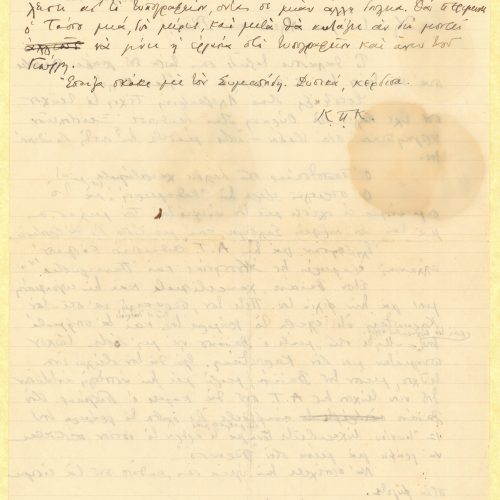 Handwritten letter by Cavafy to Alekos and Rica [Singopoulo] on both sides of a ruled sheet. The Singopoulos are travelling b