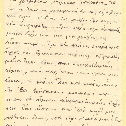 Handwritten letter by Alekos [Singopoulo] to Cavafy on both sides of a sheet. He informs the poet about the receipt of his le