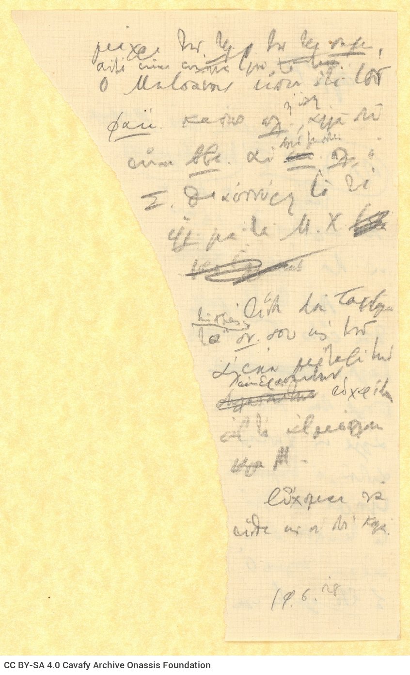 Handwritten draft letter by Cavafy to R[ica Singopoulo] on both sides of a piece of paper. The poet informs her of matters re