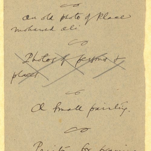 Handwritten notes by Cavafy on two pieces of paperboard. Small list of personal items, such as photographs, newspaper clip