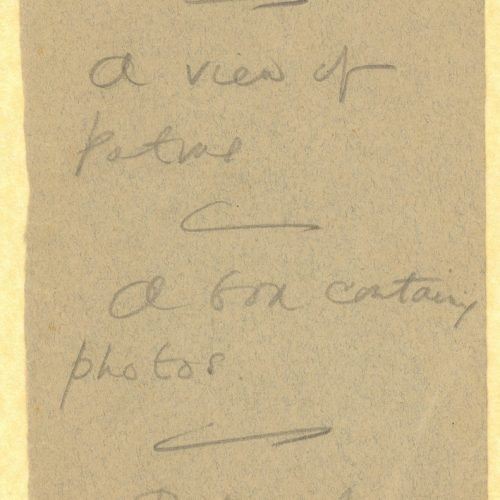 Handwritten notes by Cavafy on two pieces of paperboard. Small list of personal items, such as photographs, newspaper clip