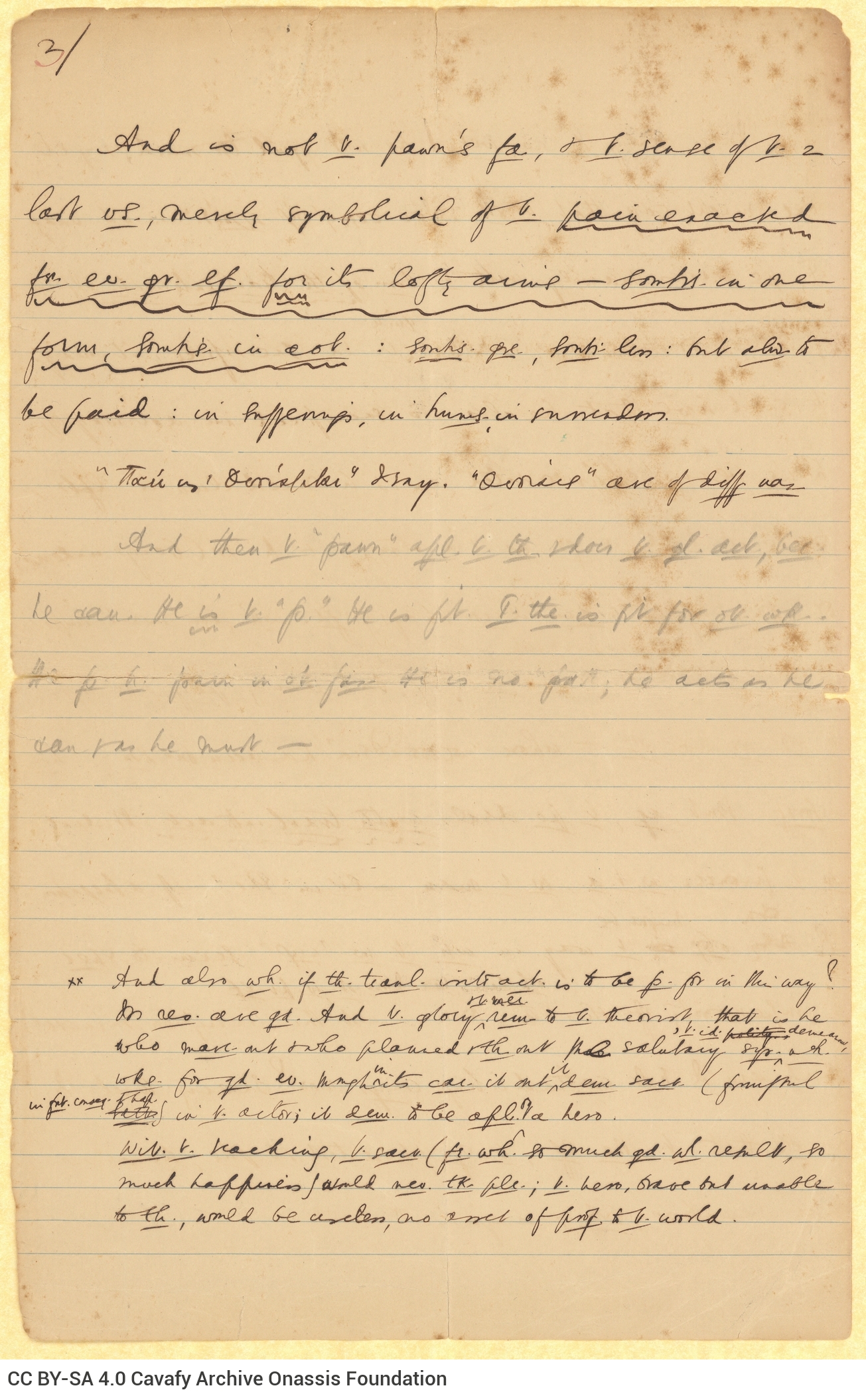Χειρόγραφο πεζό κείμενο του Καβάφη στις δύο όψεις δύο διαγραμμισμ�