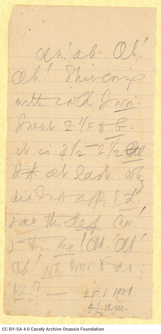 Χειρόγραφο σημείωμα του Καβάφη στη μία όψη τμήματος χαρτιού. Το verso