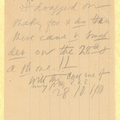 Handwritten notes by Cavafy on one side of a small piece of paper. Abbreviations. Blank verso. Date below the text. The po