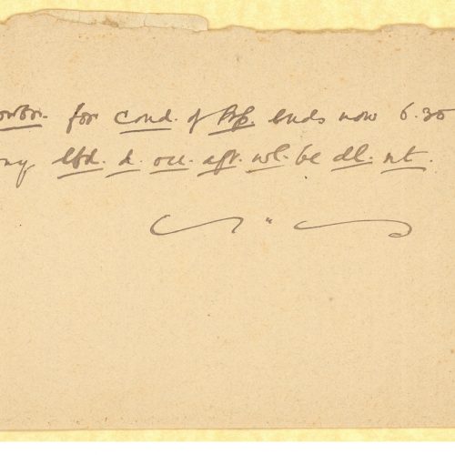 Handwritten notes by Cavafy on one side of a cut piece of paperboard. Two lines almost entirely abbreviated. Date at top r