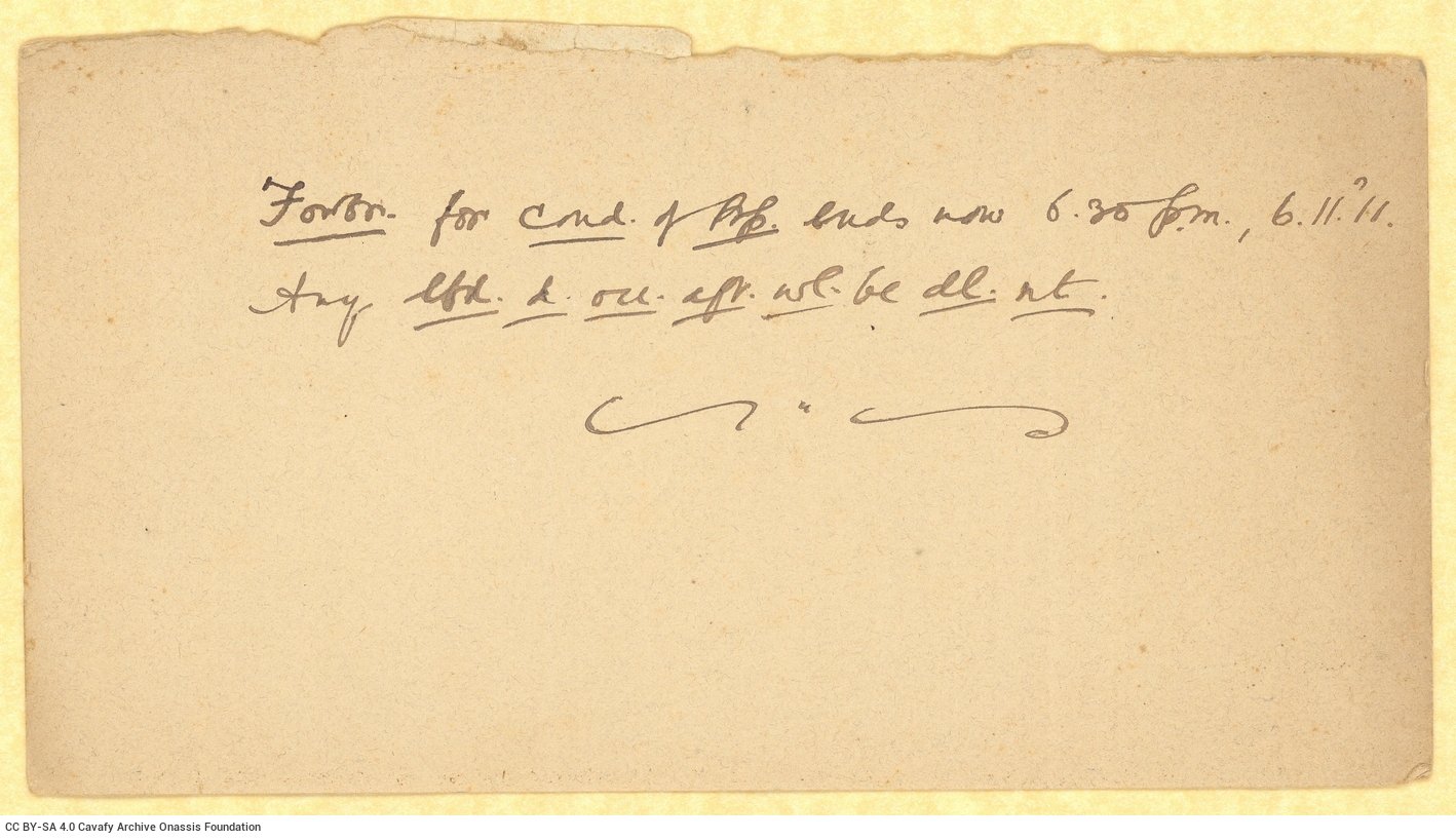 Handwritten notes by Cavafy on one side of a cut piece of paperboard. Two lines almost entirely abbreviated. Date at top r