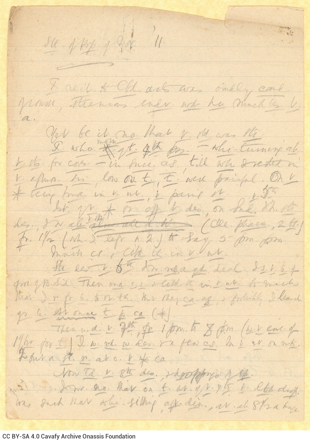 Handwritten notes by Cavafy on the first three pages of a bifolio. The last page is blank. Extensive use of abbreviations.