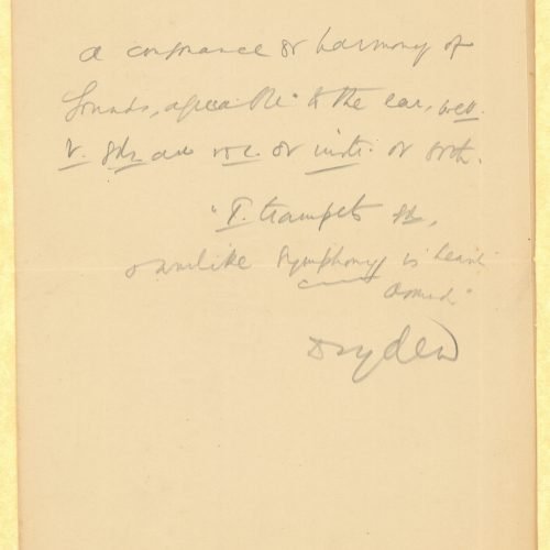 Handwritten note by Cavafy on one side of sheet, folded in a bifolio. Abbreviations. The name of English poet John Dryden 