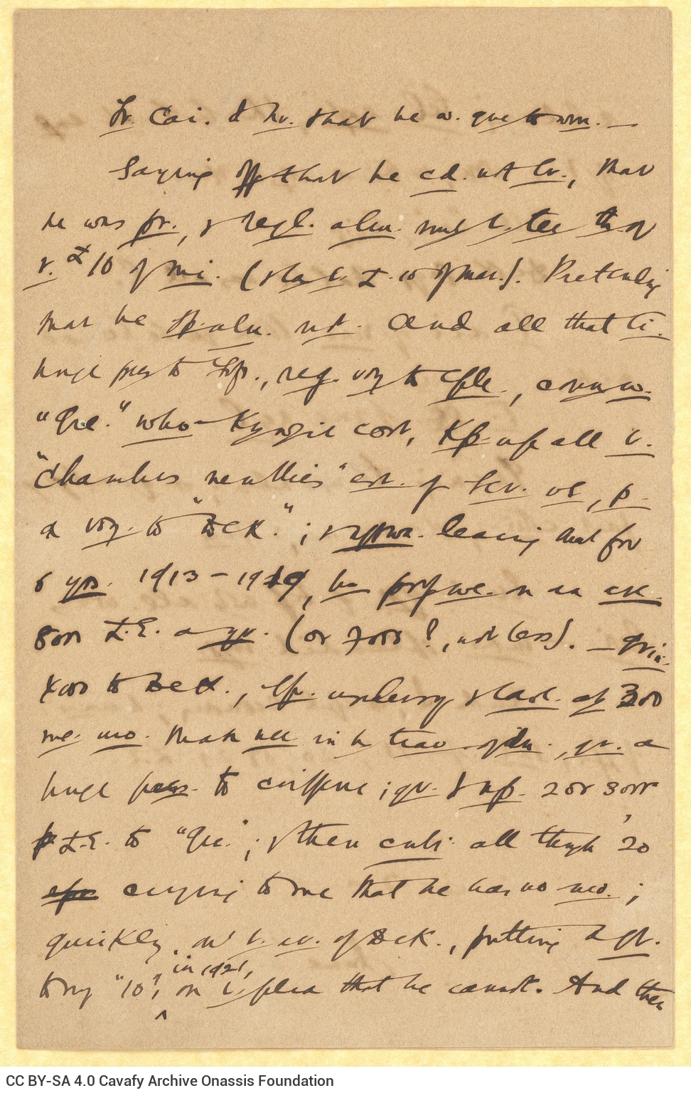Handwritten notes by Cavafy on the first three pages of a bifolio. The last page is blank. References to amounts in Egypti