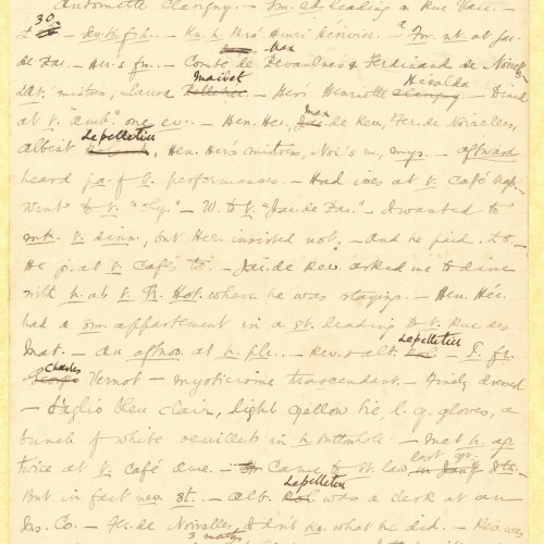 Handwritten text by Cavafy on both sides of a sheet. Abbreviations, cancellations and emendations. The poet refers to loca