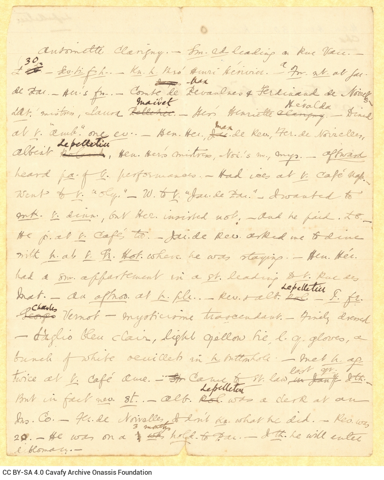 Handwritten text by Cavafy on both sides of a sheet. Abbreviations, cancellations and emendations. The poet refers to loca
