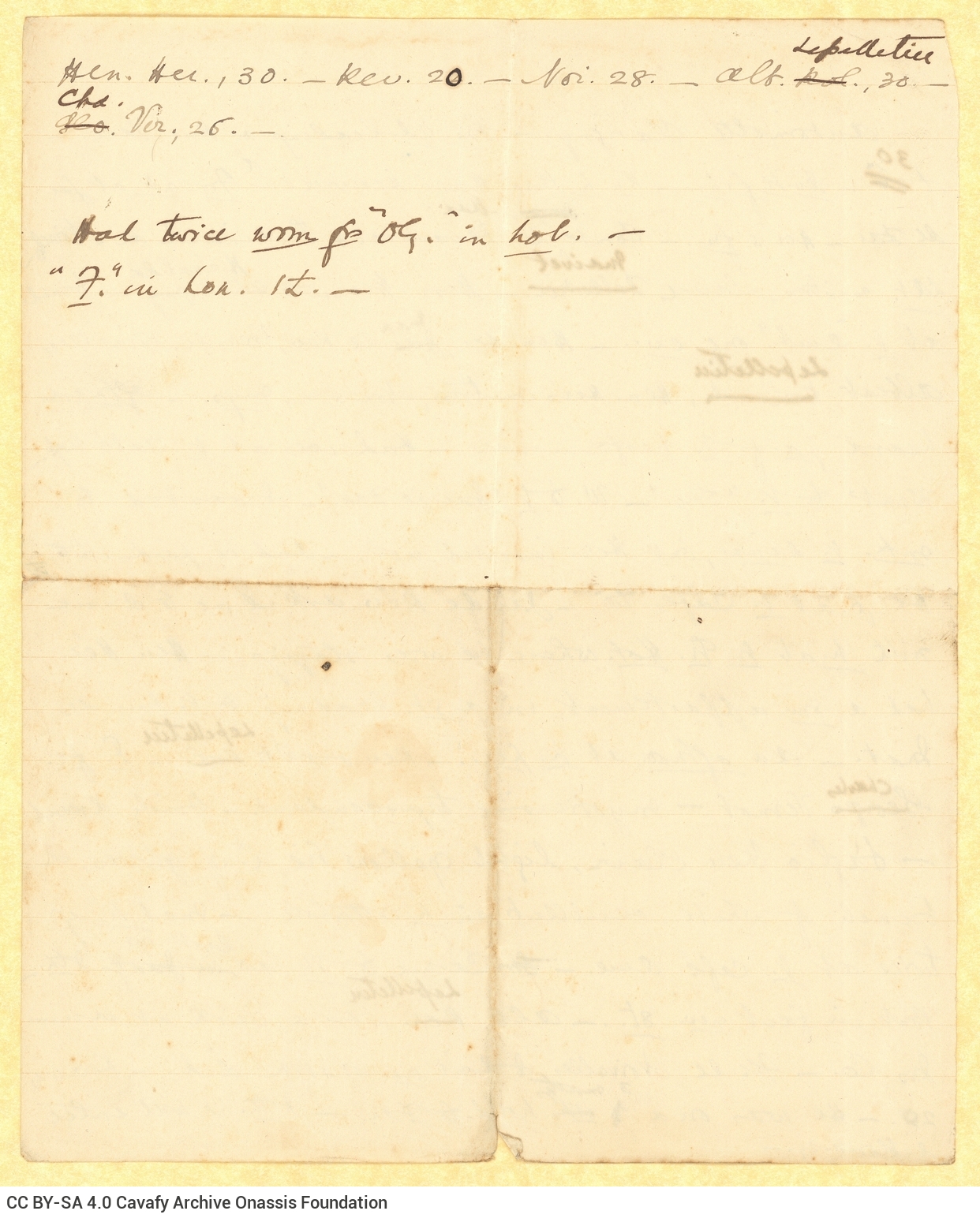 Χειρόγραφο κείμενο του Καβάφη στις δύο όψεις φύλλου. Γίνεται χρήση