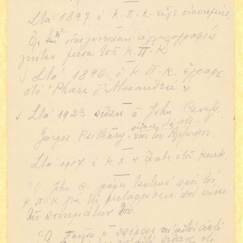 Handwritten notes by Rica Singopoulo on seven sheets and three double sheet notepapers. The notes pertain to Cavafy's life an