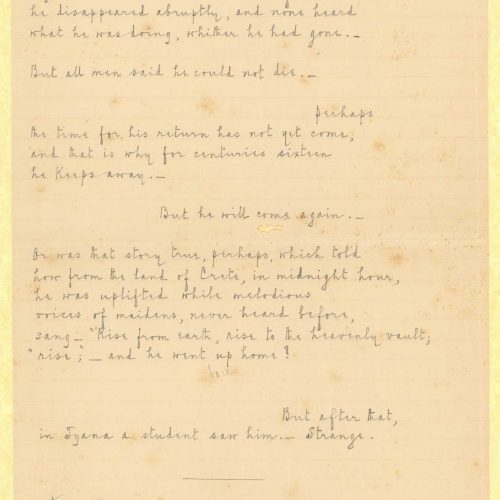 Handwritten English translation of the poem "Absence" by John Cavafy on one side of a ruled sheet. Blank verso. Date indic