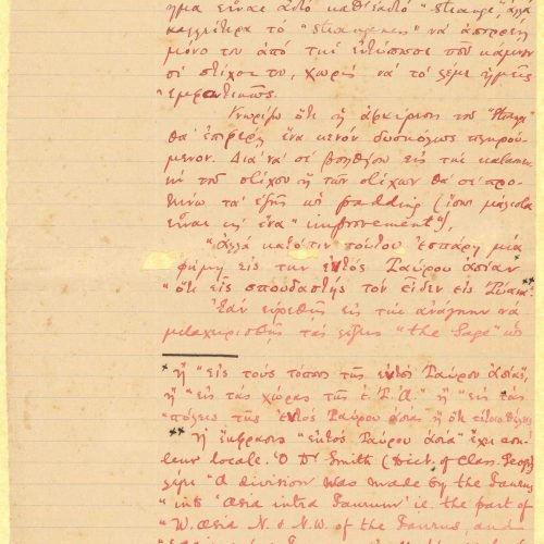 Handwritten text by Cavafy on both sides of a ruled sheet. Use of English words. Extensive footnote on the first page. The