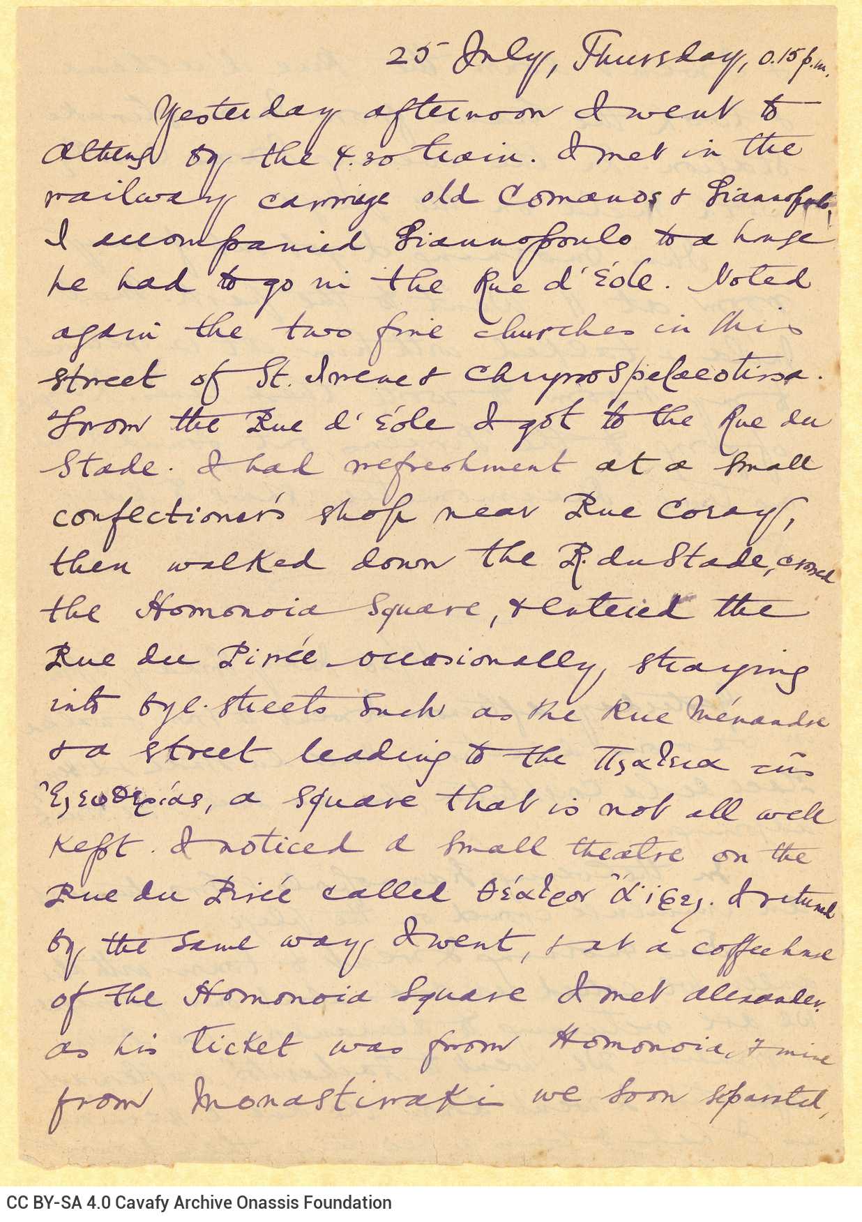 Handwritten diary from Cavafy's trip to Greece during the period 13 June-5 August 1901. It is written in English, on 31 sh