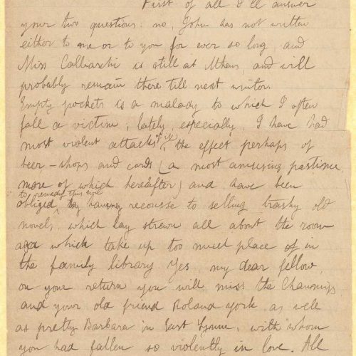 Handwritten letter by Mike Ralli from Alexandria to Cavafy on two bifolios, the first of which has notes on all sides and the