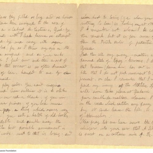 Handwritten letter by Mike Ralli from Alexandria to Cavafy on two bifolios, the first of which has notes on all sides and the