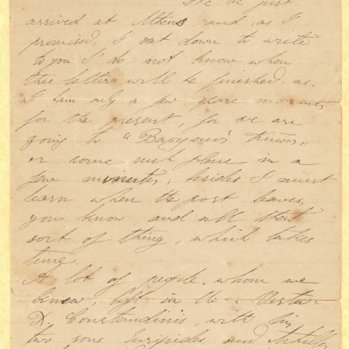 Handwritten letter by Mike Ralli to Cavafy, on a four-page leaflet, with notes on all sides. There are references to the riot