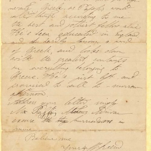 Handwritten letter by Mike Ralli to Cavafy, on a four-page leaflet, with notes on all sides. There are references to the riot