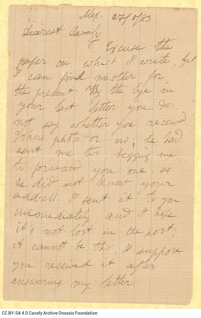 Handwritten letter by Mike Ralli to Cavafy on two bifolio, with notes on all sides except for the verso of the last sheet. De