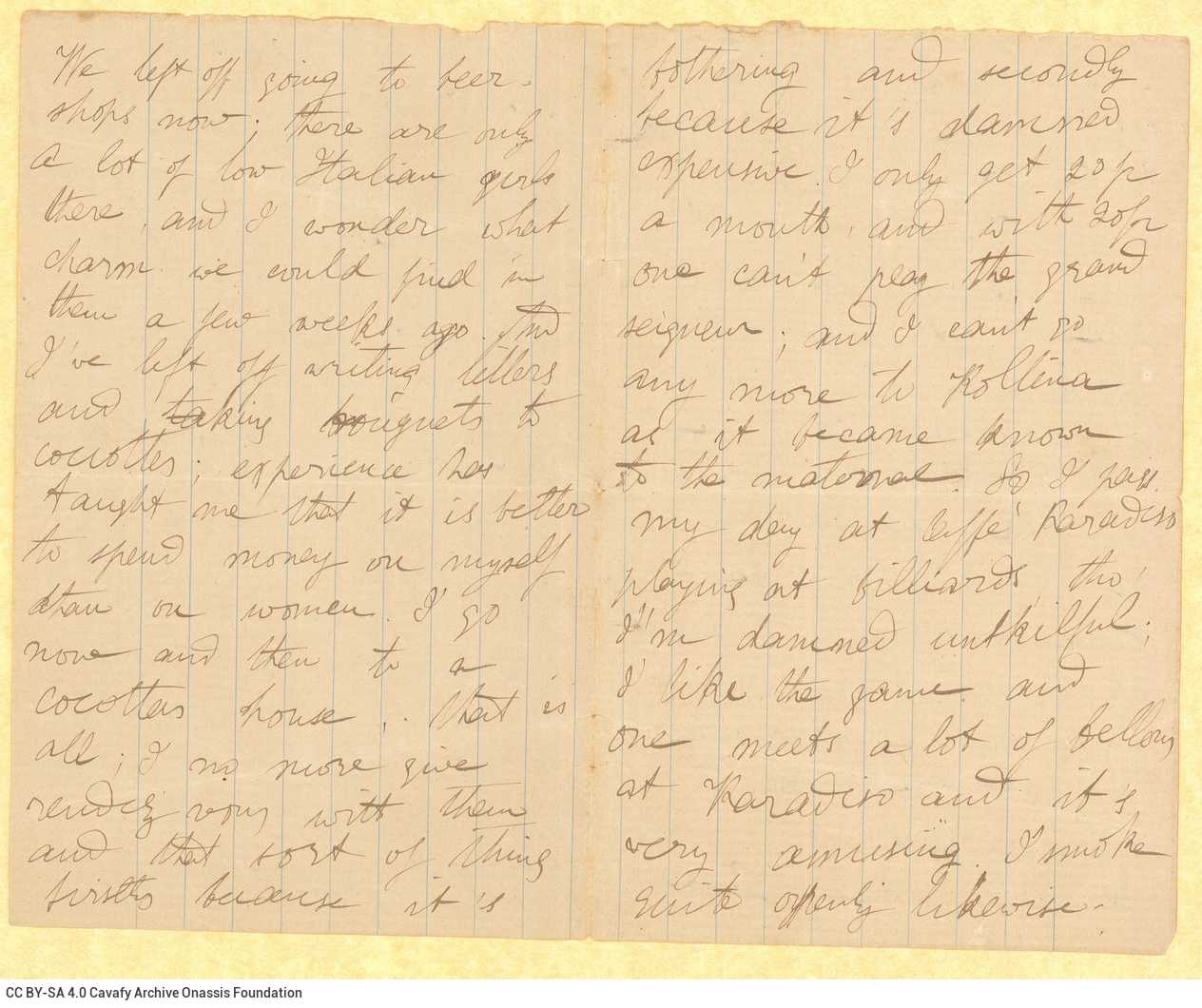 Handwritten letter by Mike Ralli to Cavafy on two bifolio, with notes on all sides except for the verso of the last sheet. De